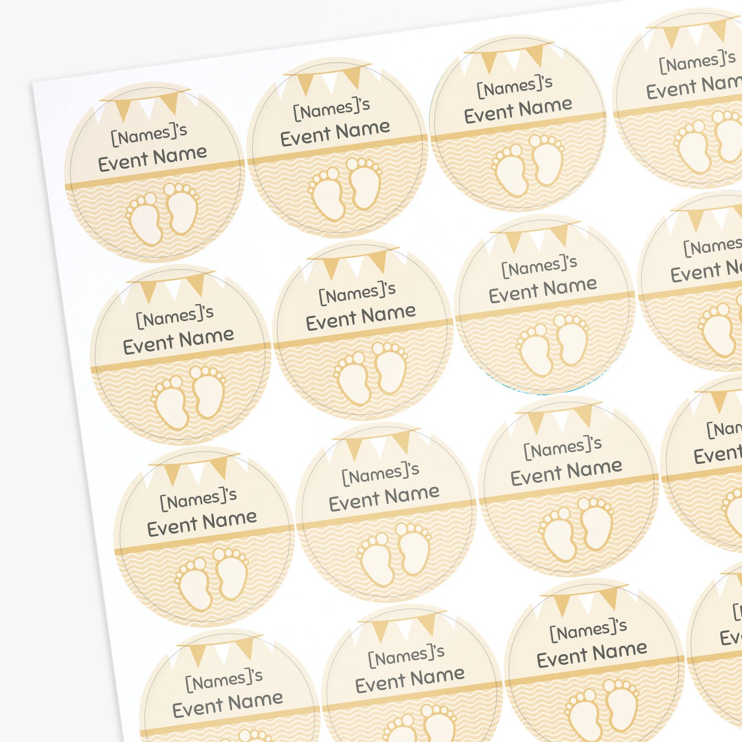 Sheet of personalized event name labels with baby footprints design.
