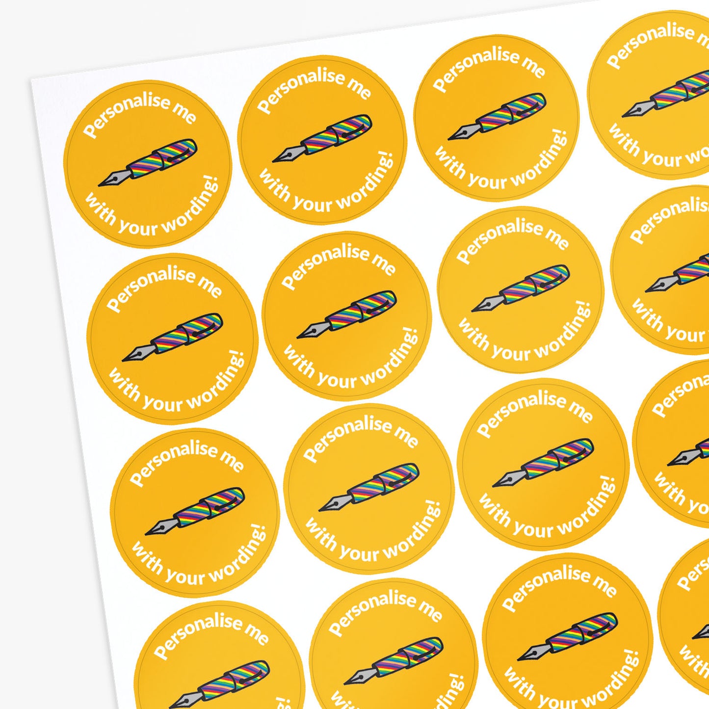 Sheet of round stickers with text and pen illustration on a yellow background