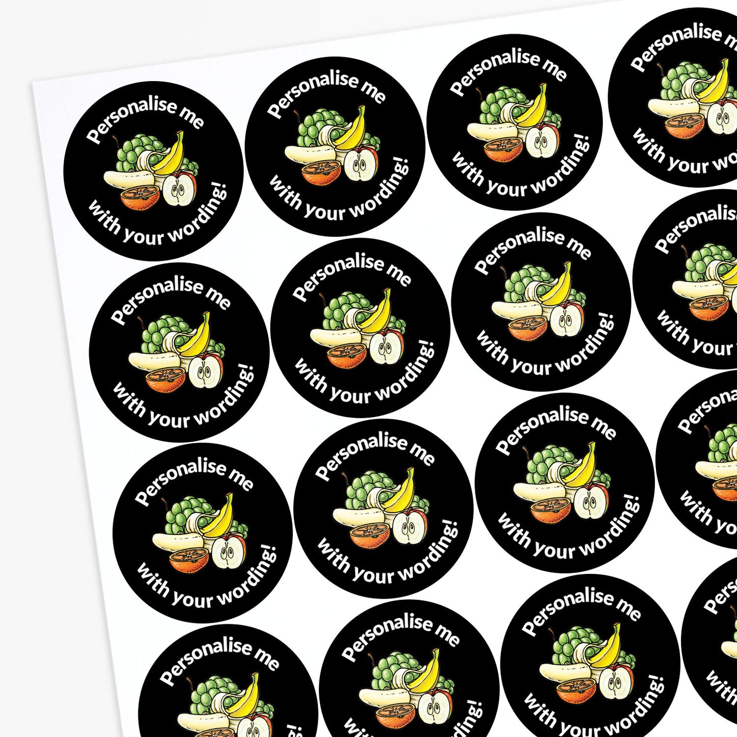 Circular stickers with food illustrations and text 'Personalise me with your wording!'.