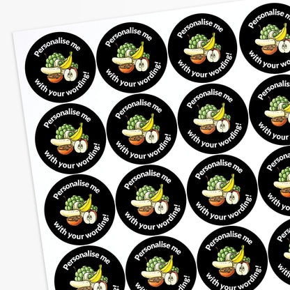 Circular stickers with food illustrations and text 'Personalise me with your wording!'.