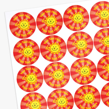 Sheet of red stickers with yellow sun designs and customisable text.