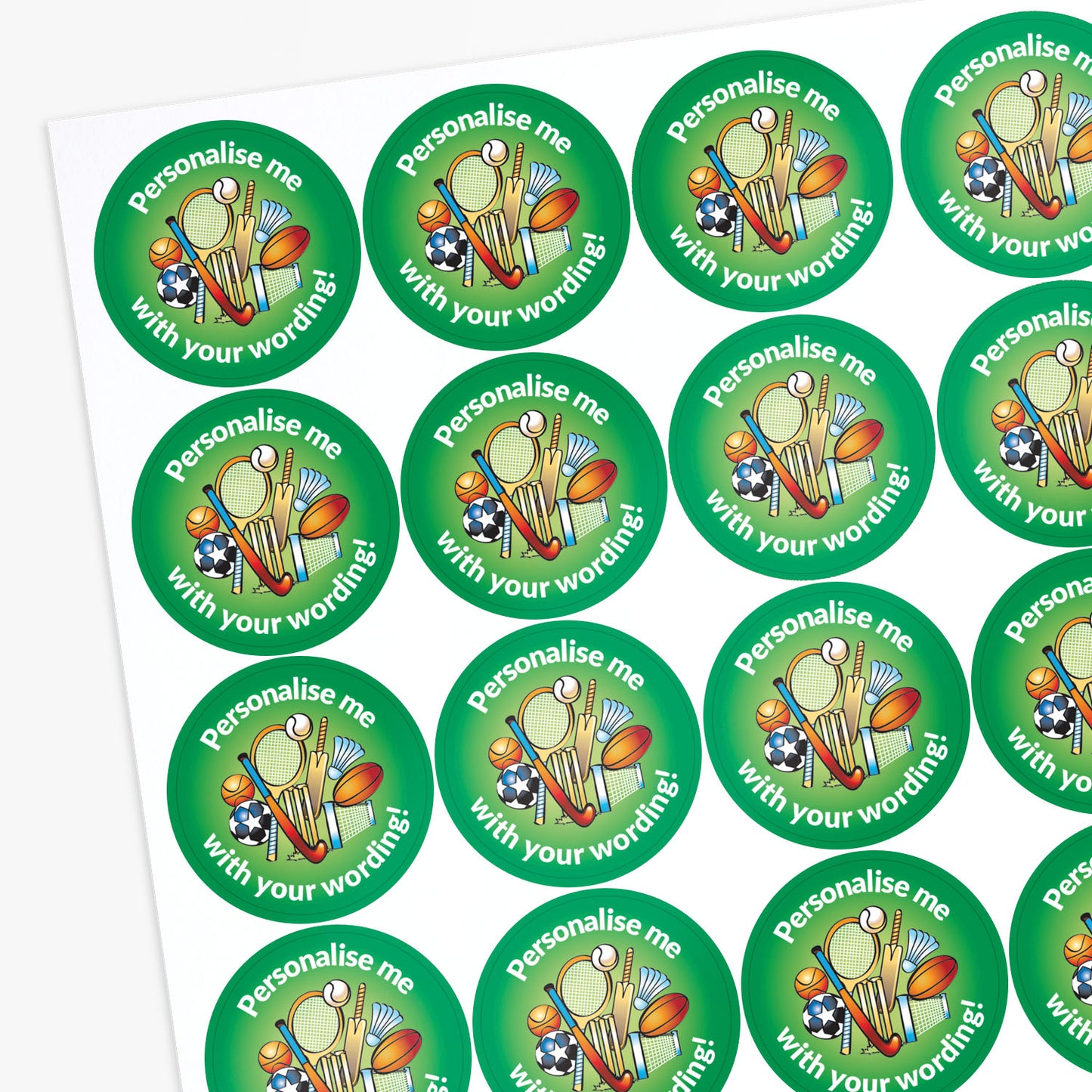Sheet of green stickers with sports-themed designs and personalised text.