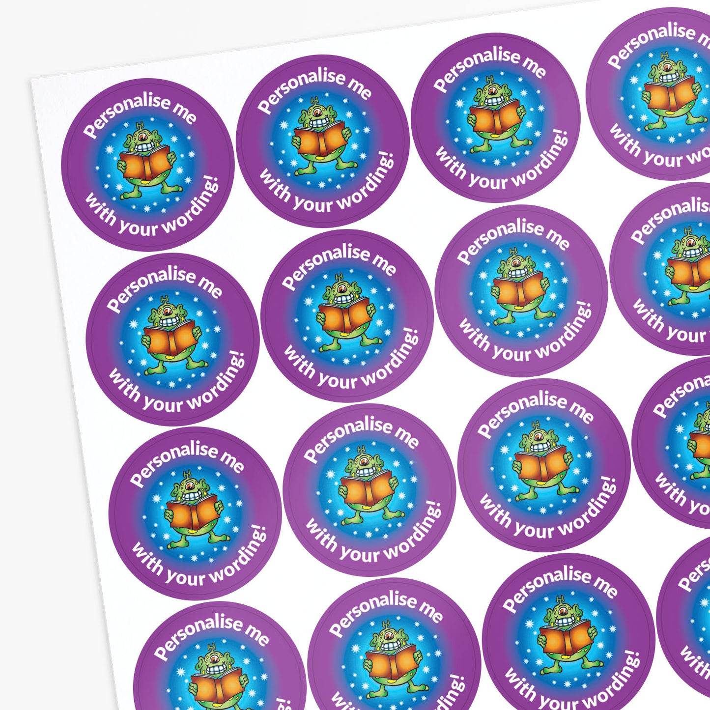 Sheet of personalised stickers with cartoon character and personalised text.
