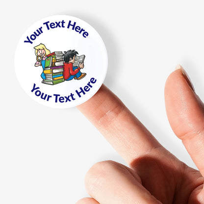 Personalisable sticker with cartoon children and text space held between fingers.