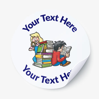 Personalisable sticker with cartoon children reading books and magnifying glass, text placeholder 'Your Text Here'.