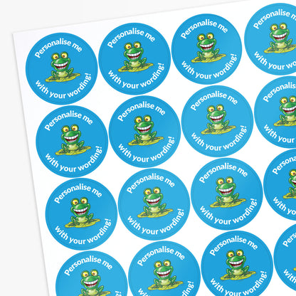Sheet of personalised stickers with cartoon frogs on a blue background with white text.