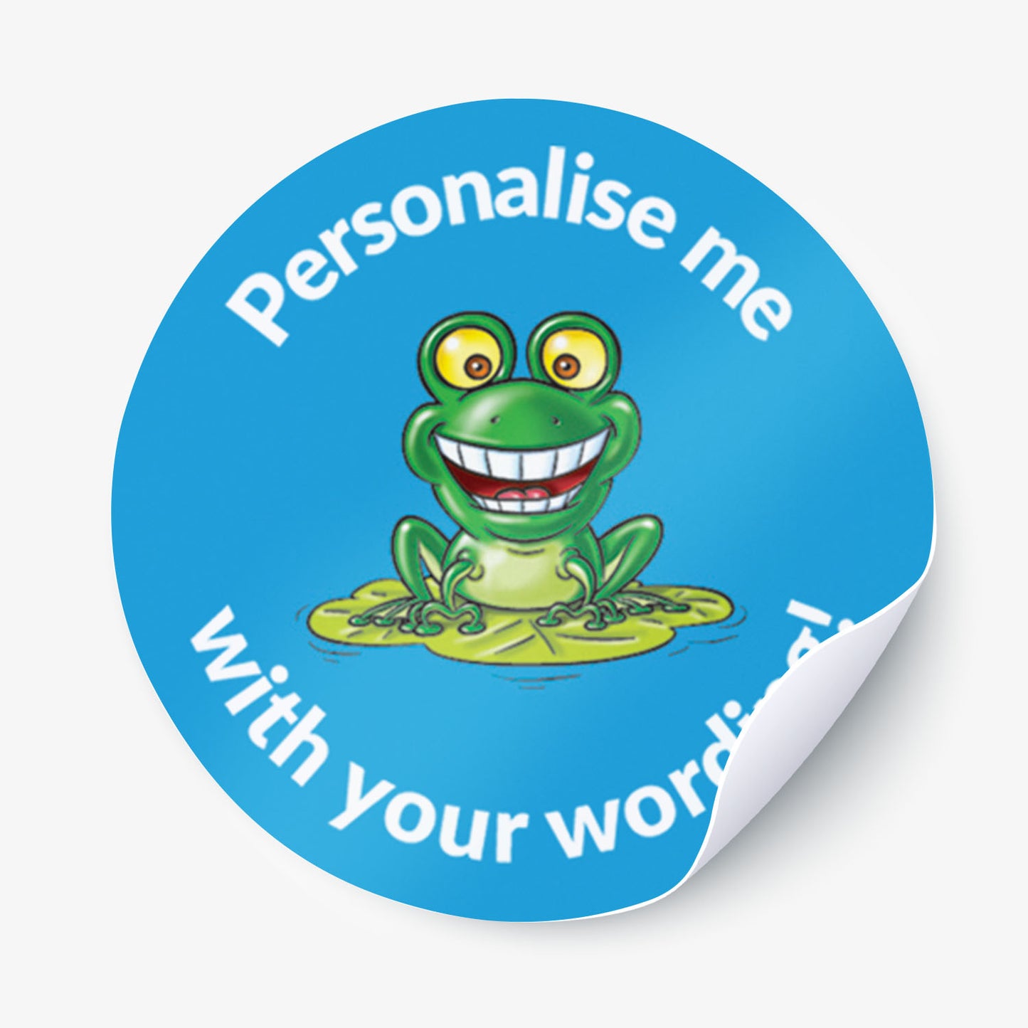 Round sticker with a smiling green frog on a blue background, prompting personalisation.