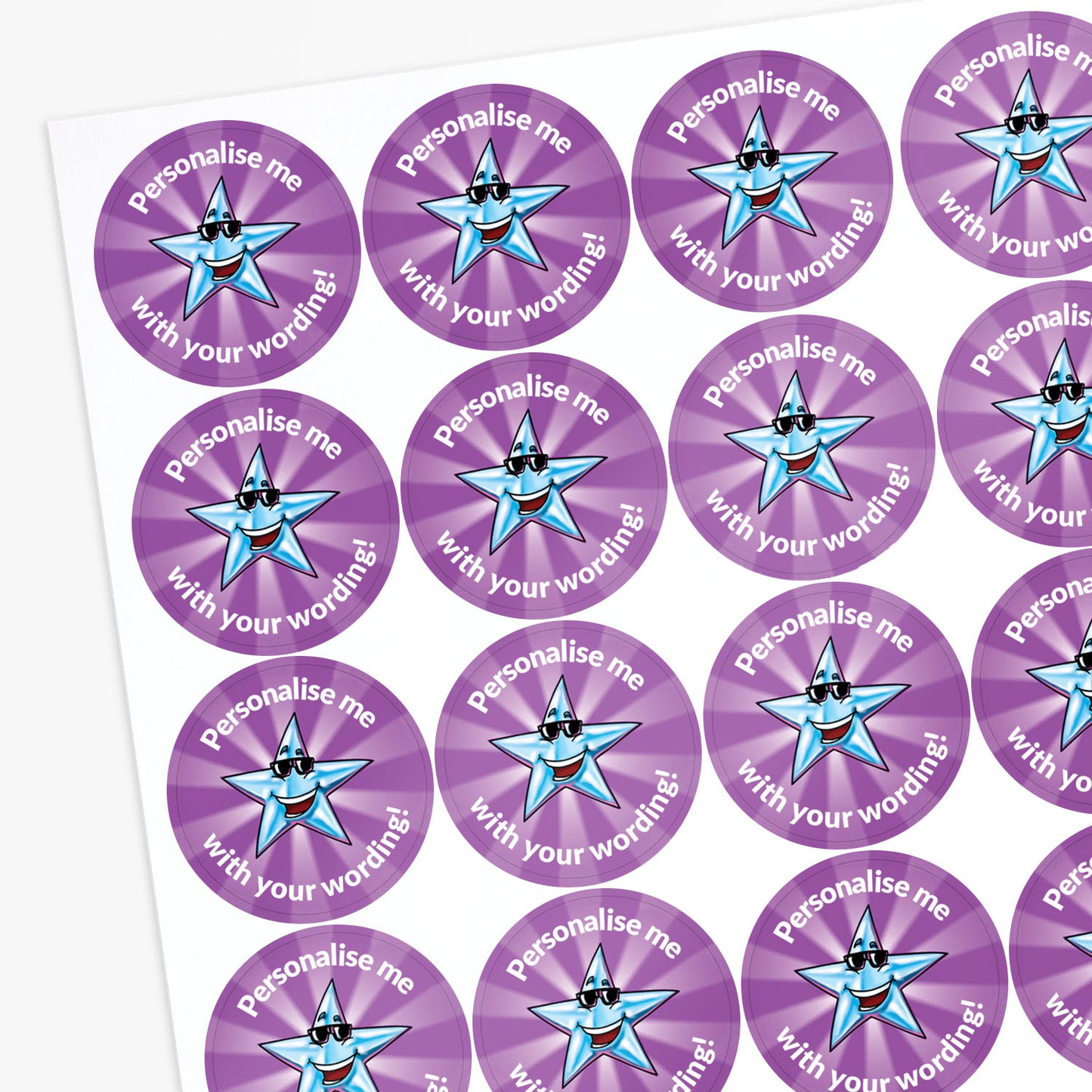 Purple stickers with blue star design and text 'Personalise me with your wording!'.
