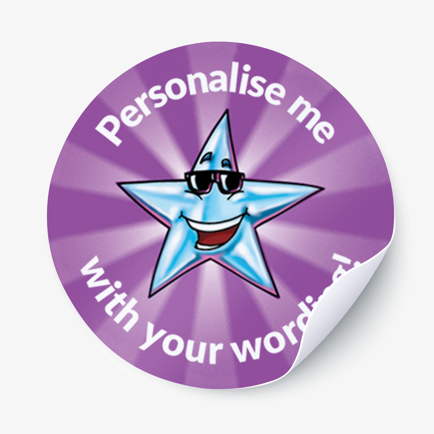 Circular sticker with a star character and text 'Personalise me with your words' on a purple background.