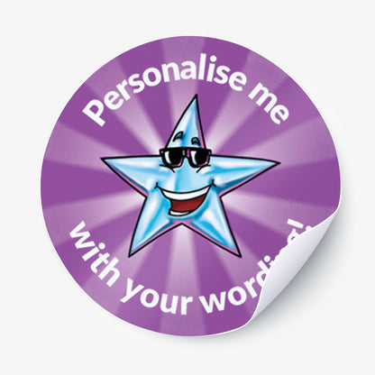 Circular sticker with a star character and text 'Personalise me with your words' on a purple background.