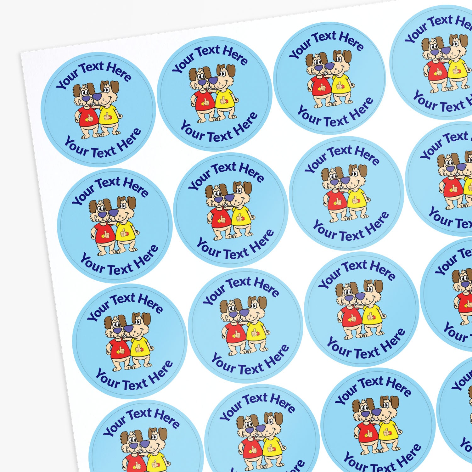 Circular stickers with cartoon characters and customisable text on a white background.