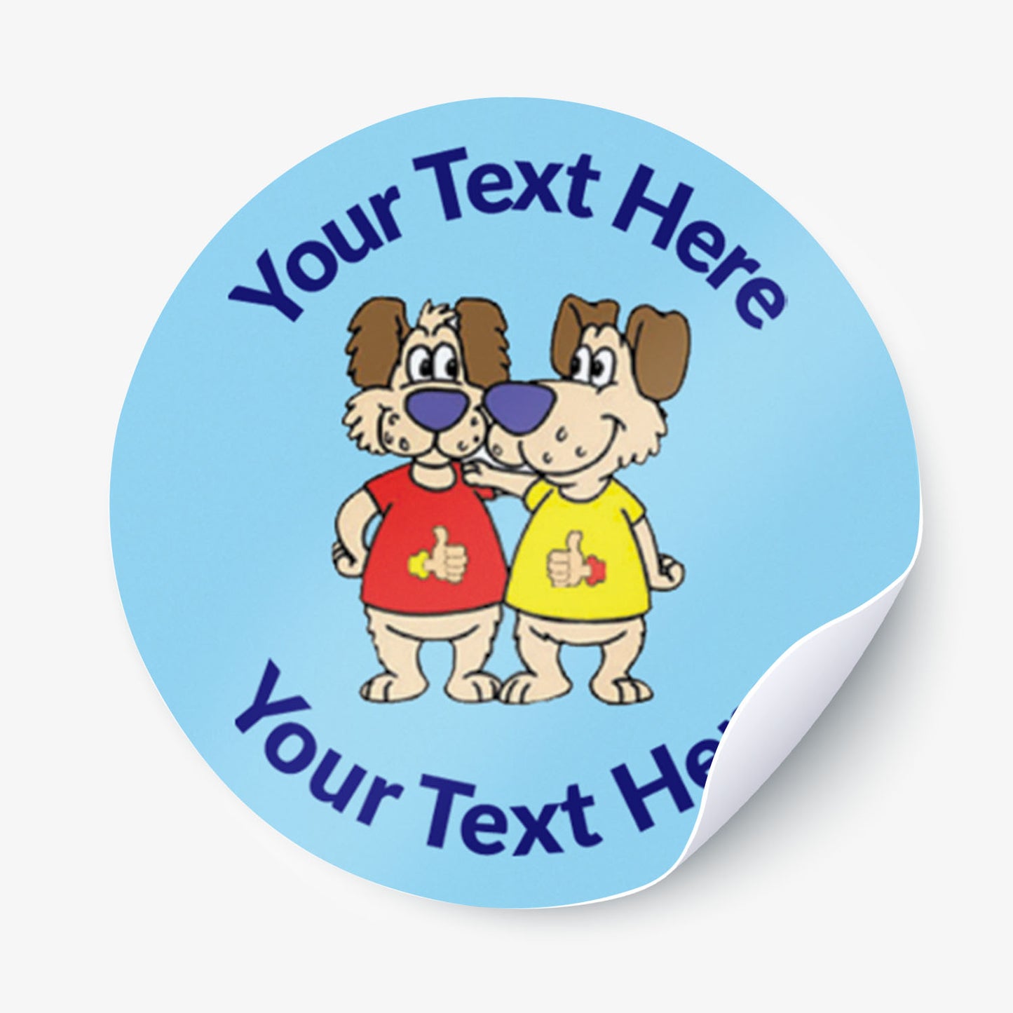Round sticker with cartoon dogs and customizable text on a blue background.