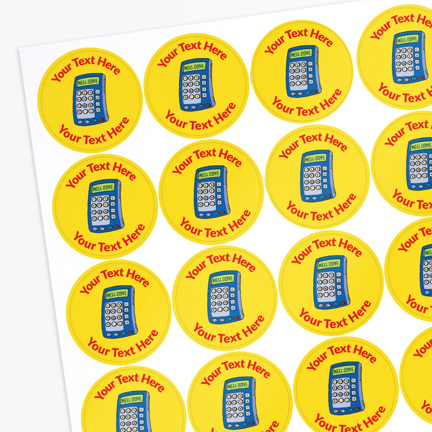 Stickers with calculator design and customisable text with yellow background.