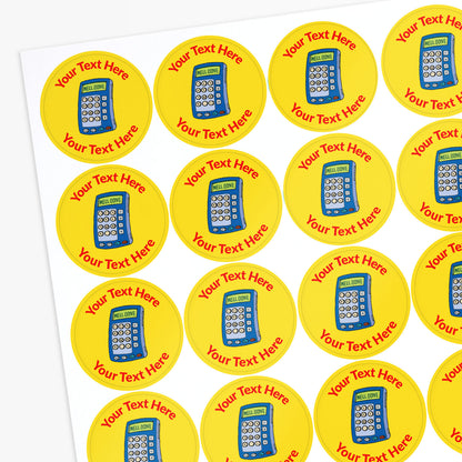 Stickers with calculator design and customisable text with yellow background.