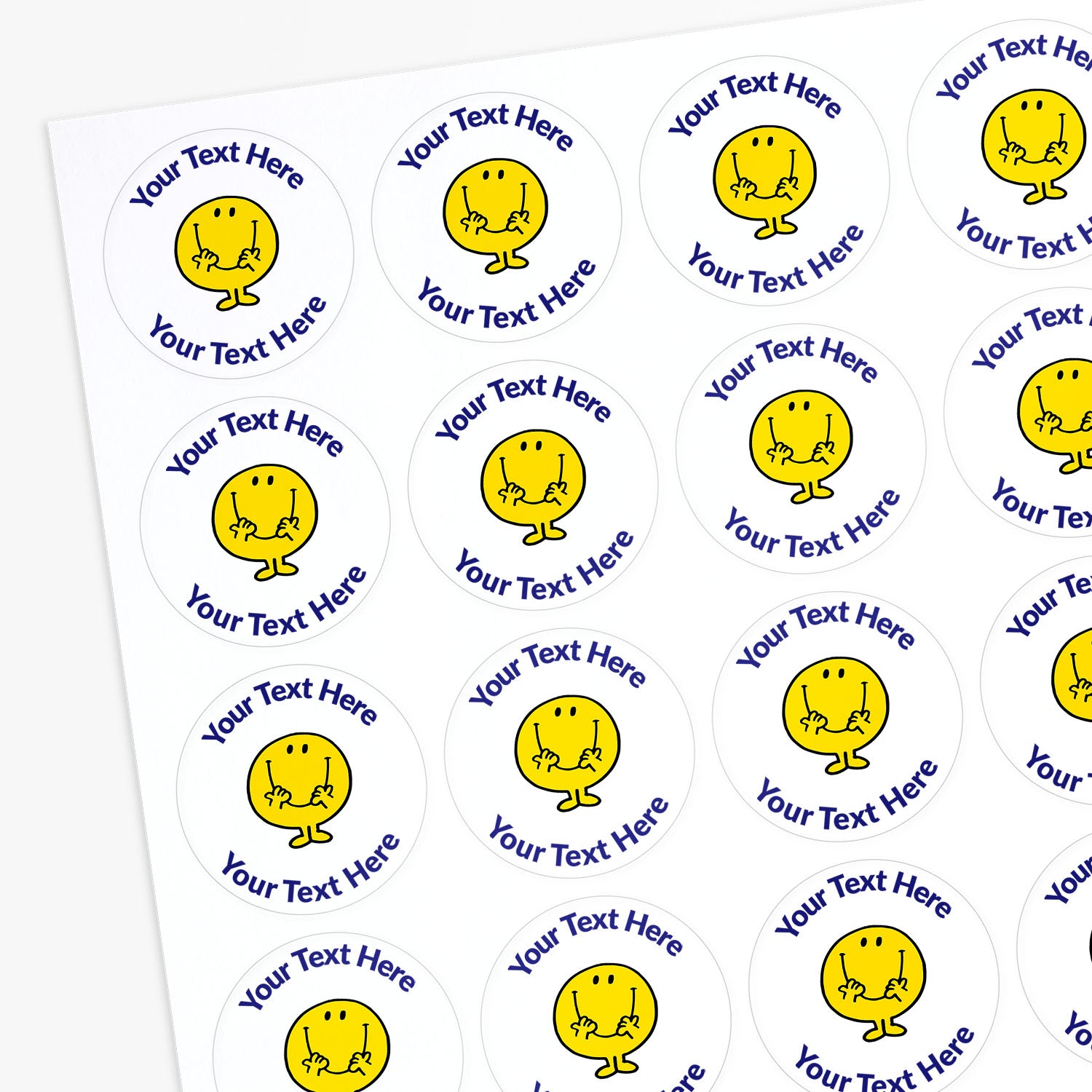 Sheet of personalised stickers with a cartoon character and customisable text.