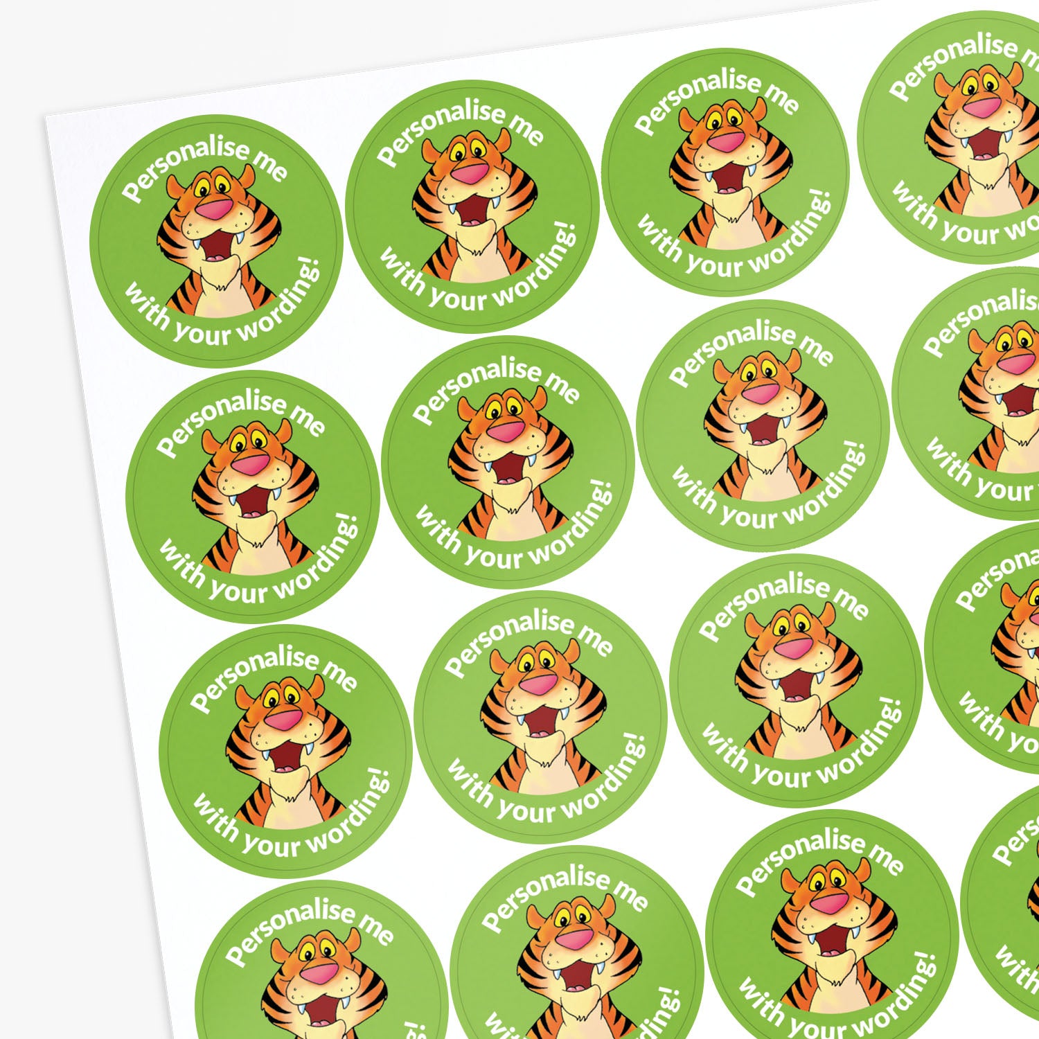 Circular stickers with a cartoon tiger character on a green background with white personalised text.