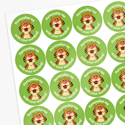 Circular stickers with a cartoon tiger character on a green background with white personalised text.