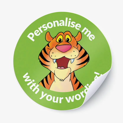 Circular sticker with a cartoon tiger and text 'Personalise me with your words' on a green background