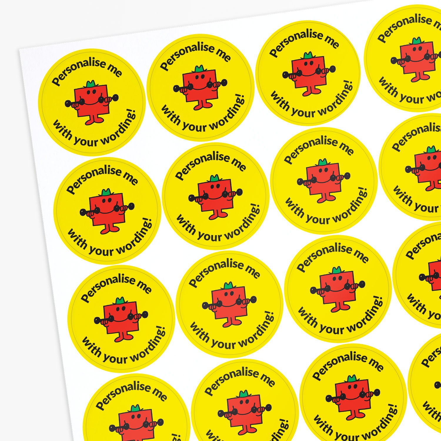 Sheet of round stickers with a red Mr Strong character and yellow background, featuring text 'Personalise me with your wording!'.