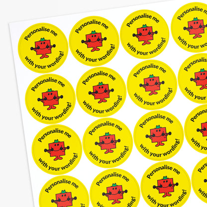 Sheet of round stickers with a red Mr Strong character and yellow background, featuring text 'Personalise me with your wording!'.