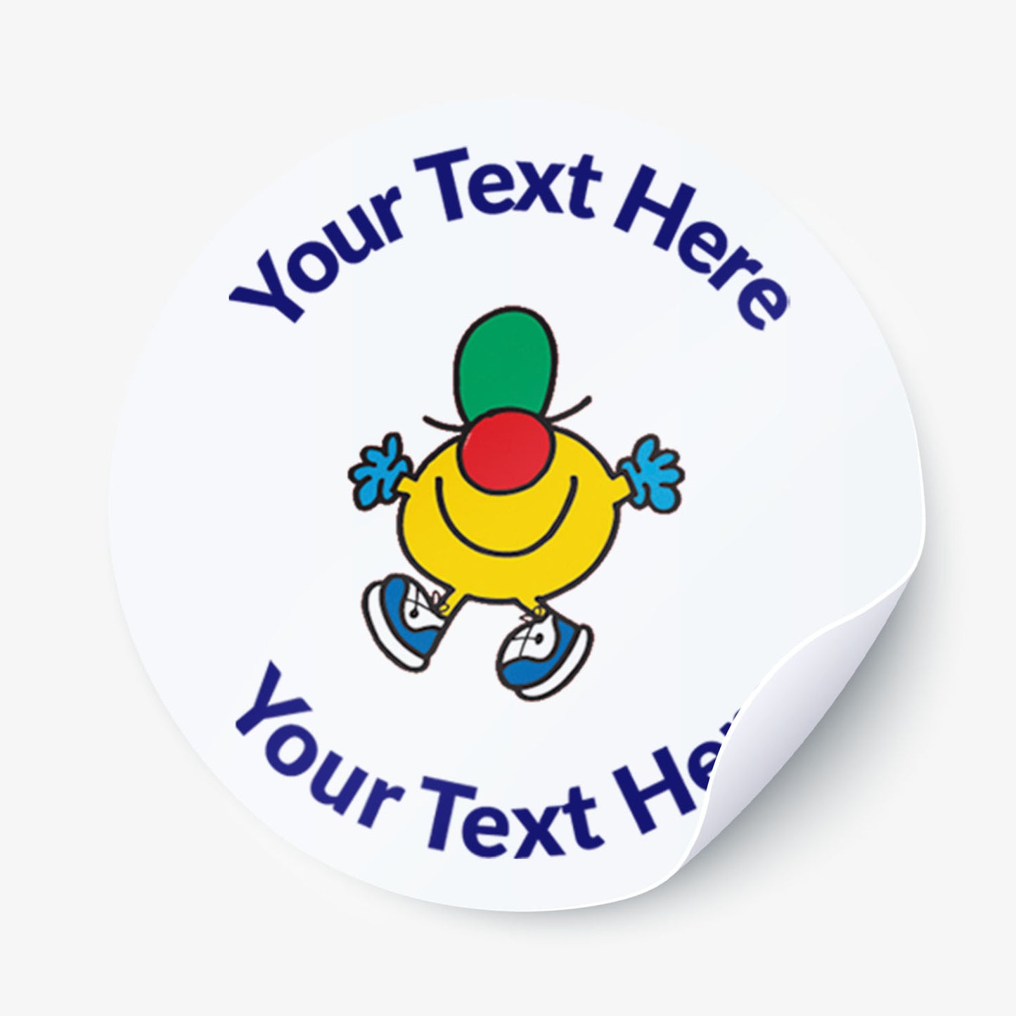 Personalisable sticker with a Mr Men character and text space on a white background.