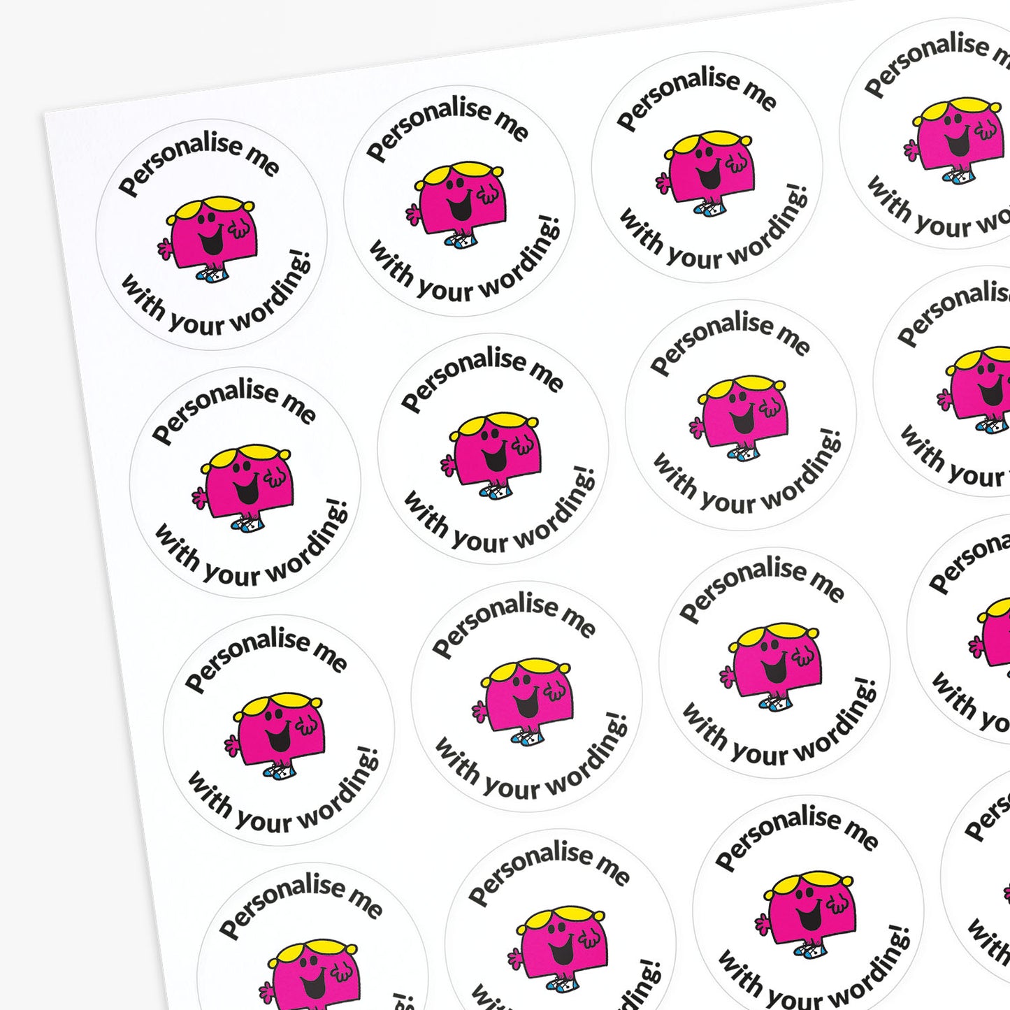 Circular stickers with a pink Little Miss character and text 'Personalise me with your wording!' on a white background.