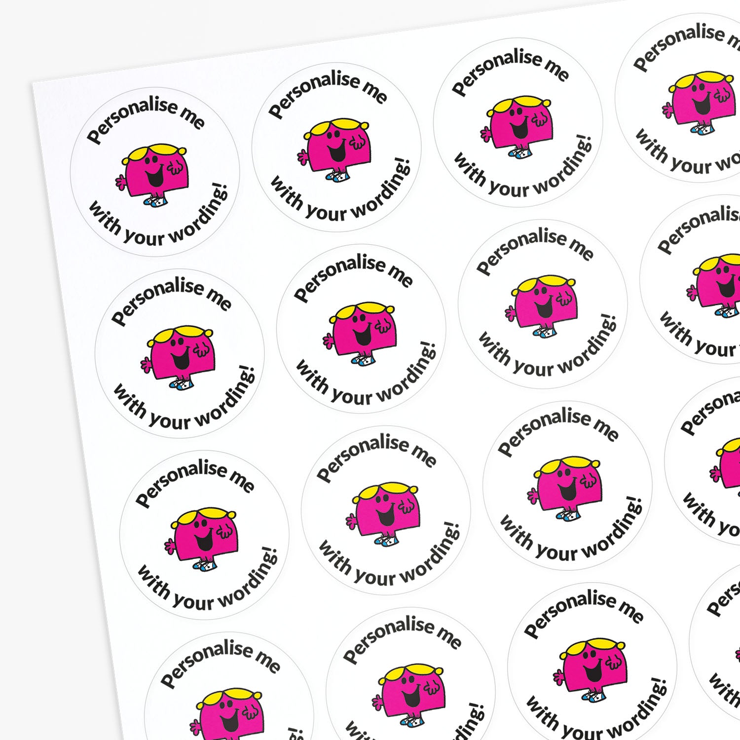 Circular stickers with a pink Little Miss character and text 'Personalise me with your wording!' on a white background.