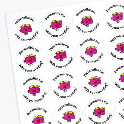 Circular stickers with a pink Little Miss character and text 'Personalise me with your wording!' on a white background.