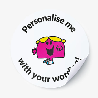 Circular sticker with a pink Little Miss Character and text 'Personalise me with your word' on a white background.