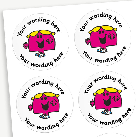 A sheet of white stickers featuring Little Miss Chatterbox in the centre.  Placeholder text 'Your wording here' is above and below the image for customisation.