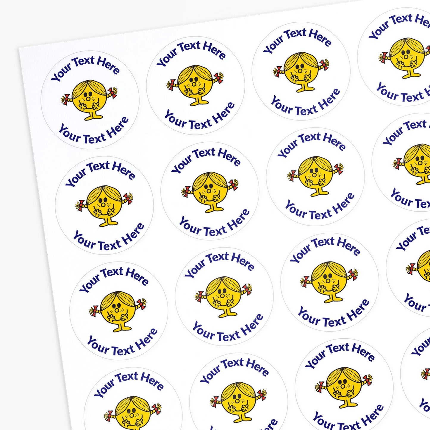 Sheet of personalised stickers with a yellow Little Miss character and customisable text area.