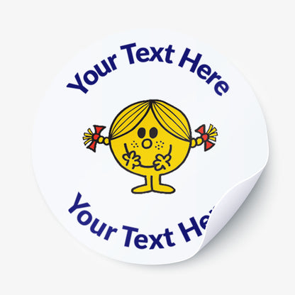 Personalisable sticker with a Little Miss character and customisable text on a white background.