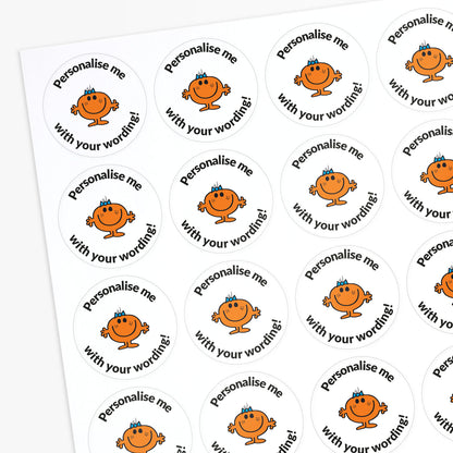 Sheet of round stickers with orange Mr Men characters and text on a white background.