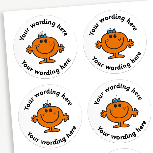 A sheet of white stickers featuring Little Miss Fun in the centre.  Placeholder text 'Your wording here' is above and below the image for customisation.