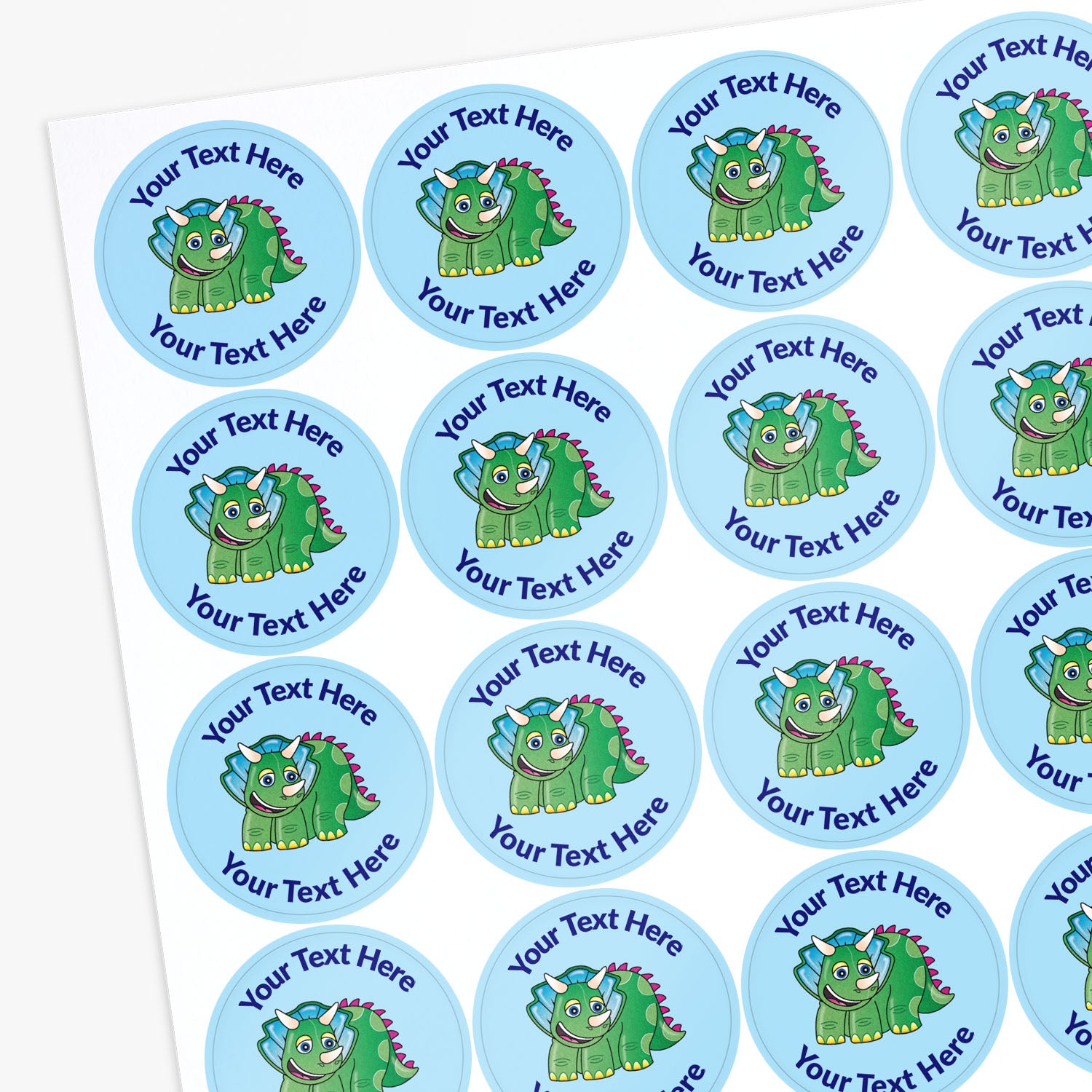 Circular stickers with green dinosaur graphics and customisable text on a Blue background