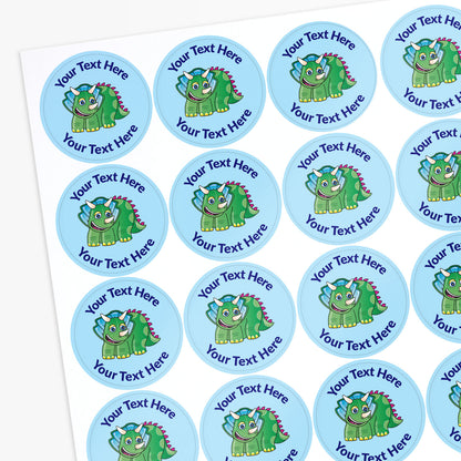 Circular stickers with green dinosaur graphics and customisable text on a Blue background