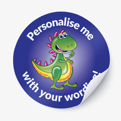 Round sticker with a dinosaur graphic and text on a white background.