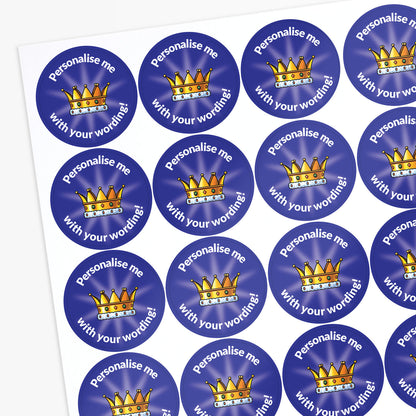 Sheet of personalised stickers with crowns on a blue background with white text.