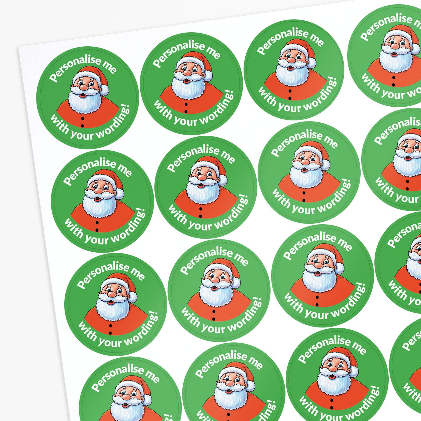 Sheet of round stickers with Santa Claus design and text 'Personalise me with your wording!'.