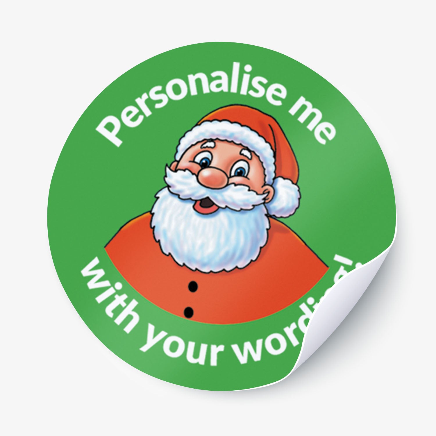 Round green sticker with Santa Claus illustration and text 'Personalise me with your words' on a white background