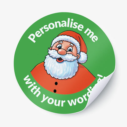 Round green sticker with Santa Claus illustration and text 'Personalise me with your words' on a white background
