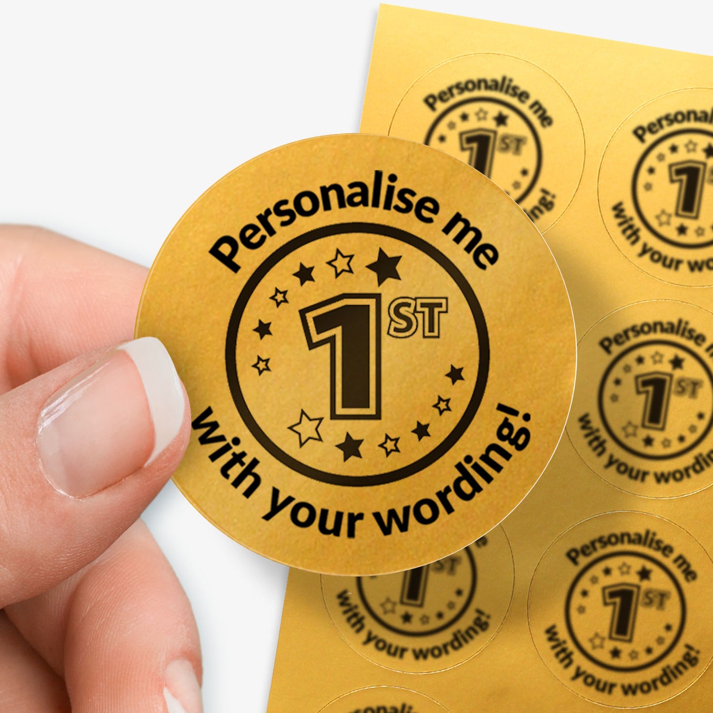 Gold stickers with 'Personalise me with your wording!' text held by a hand.