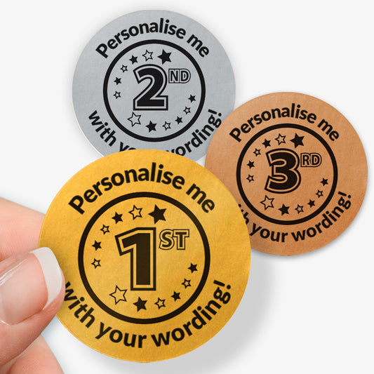 Three round stickers with numbers and text 'Personalise me' on a white background.