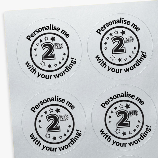 Four round stickers with '2nd' text and star designs on a silver background