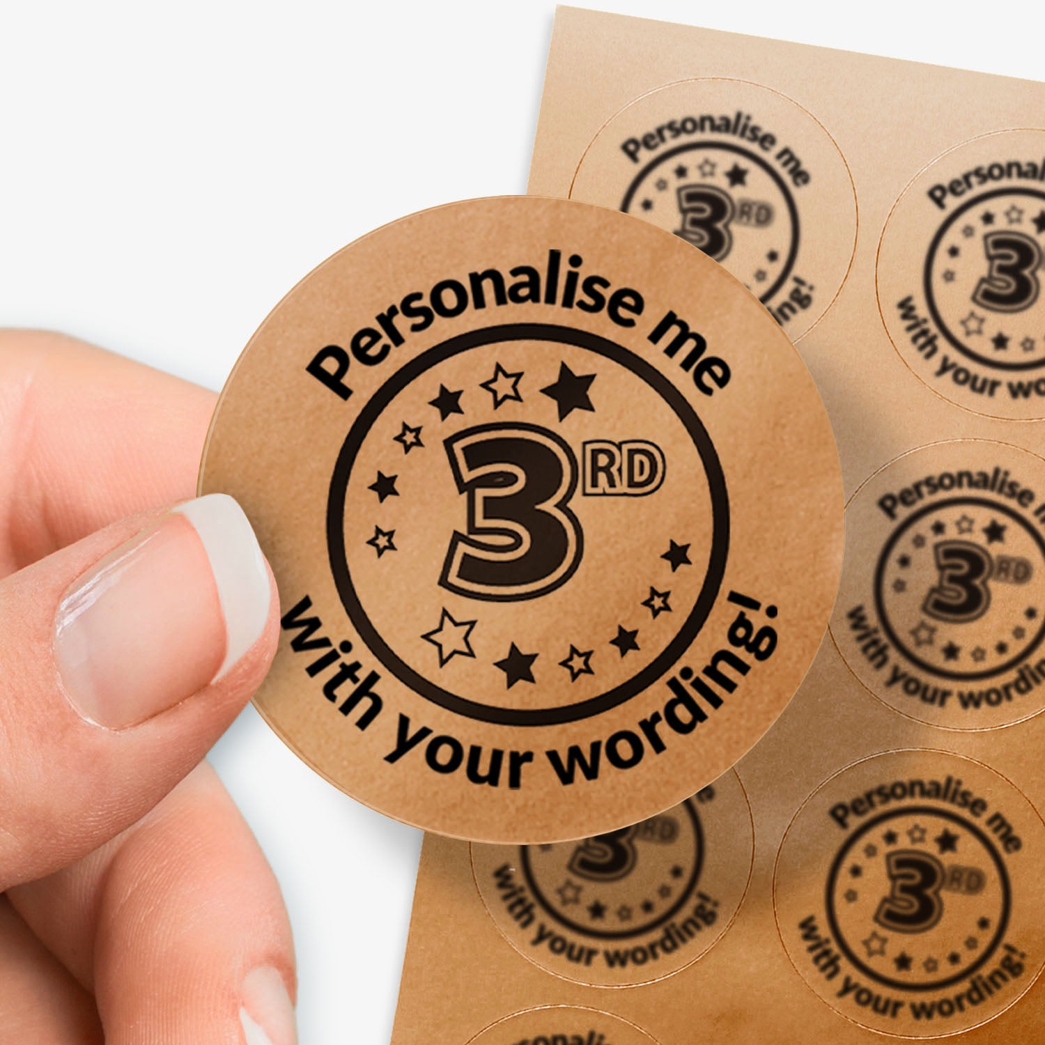 Round bronze 3rd sticker with 'Personalise me with your wording!' text held by a hand.