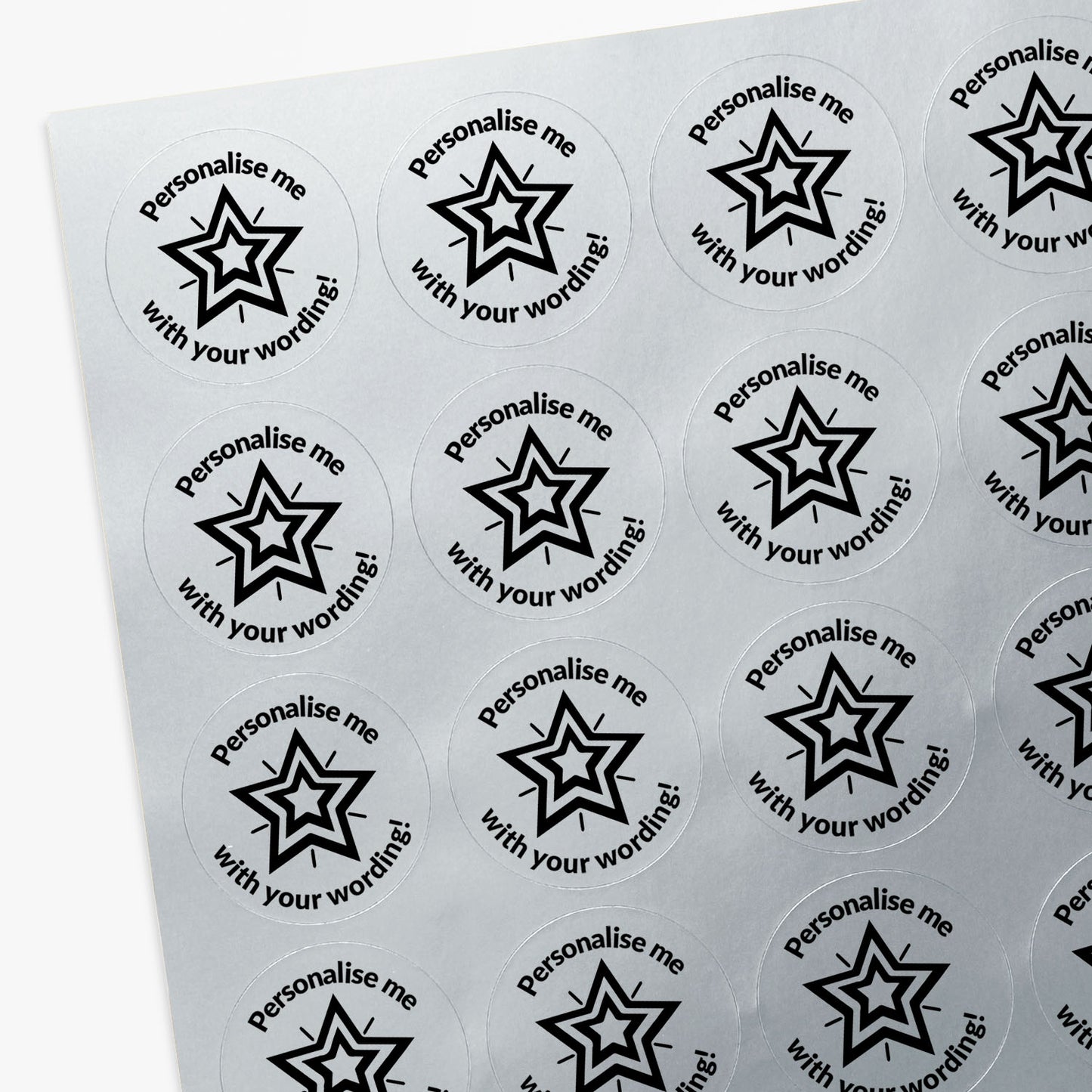 Sheet of personalised silver star stickers with text 'Personalise me with your wording!'.