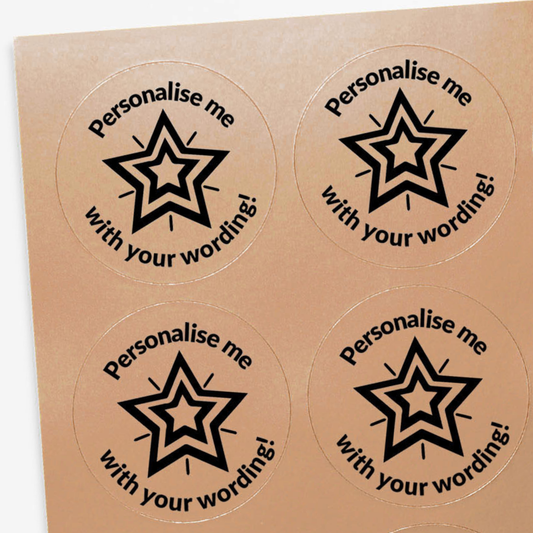 Four round stickers with star design and text on a bronze background