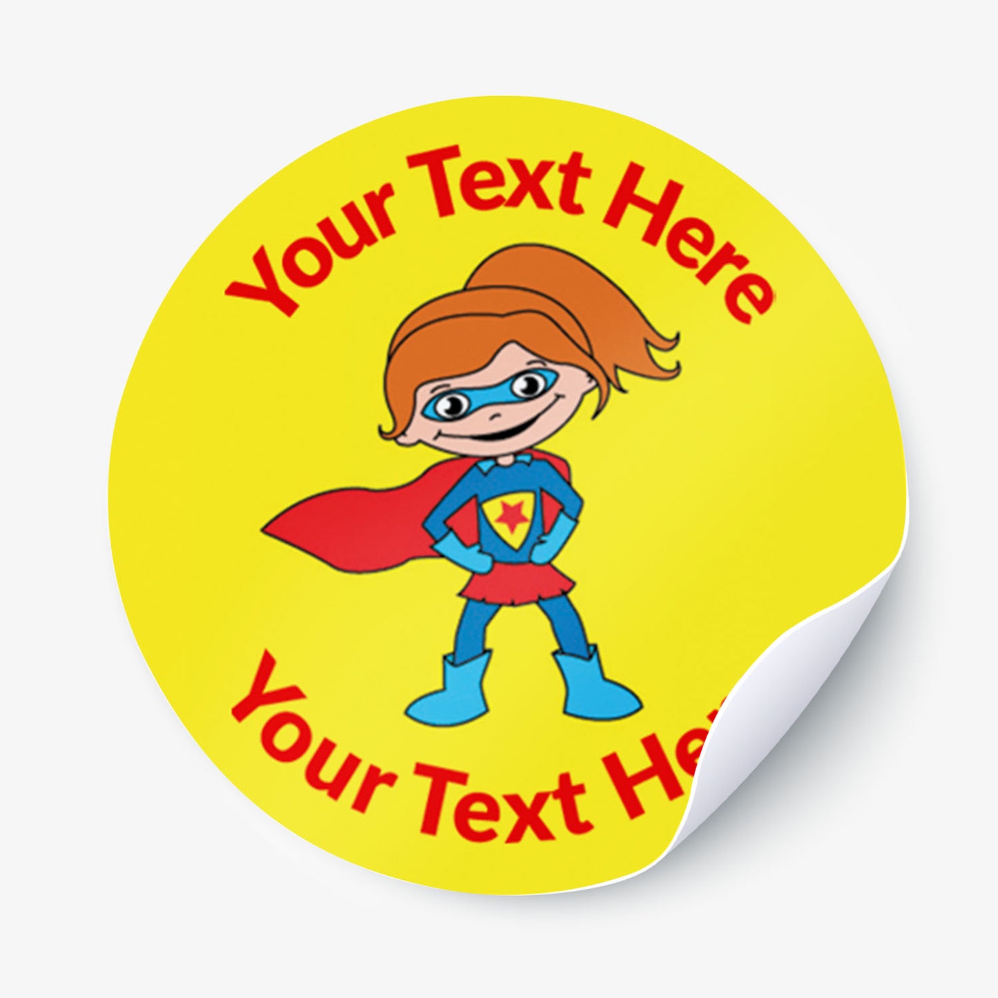 Round sticker with superhero graphic and text area on yellow background
