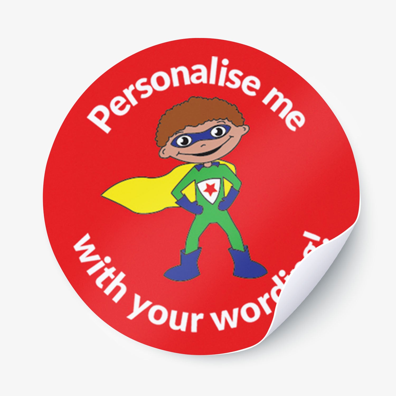 Circular sticker with superhero graphic and text 'Personalise me with your words' on a red background