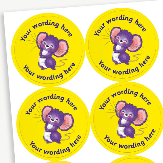 A sheet of yellow stickers featuring an illustration of a mouse in the centre.  Placeholder text 'Your wording here' is above and below the image for customisation.